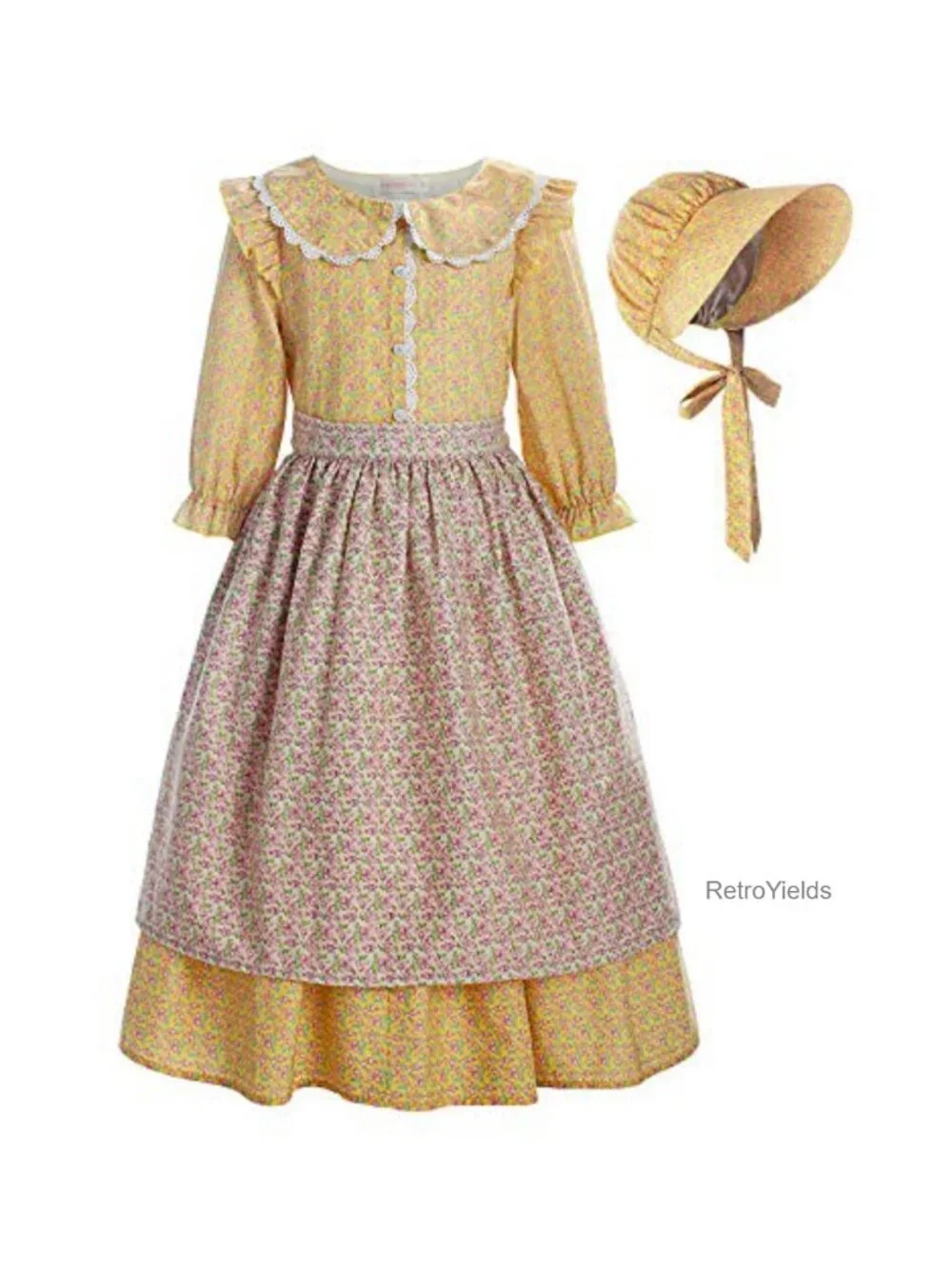 Pioneer Girl Costume Colonial Prairie Dress with Bonnet and Apron